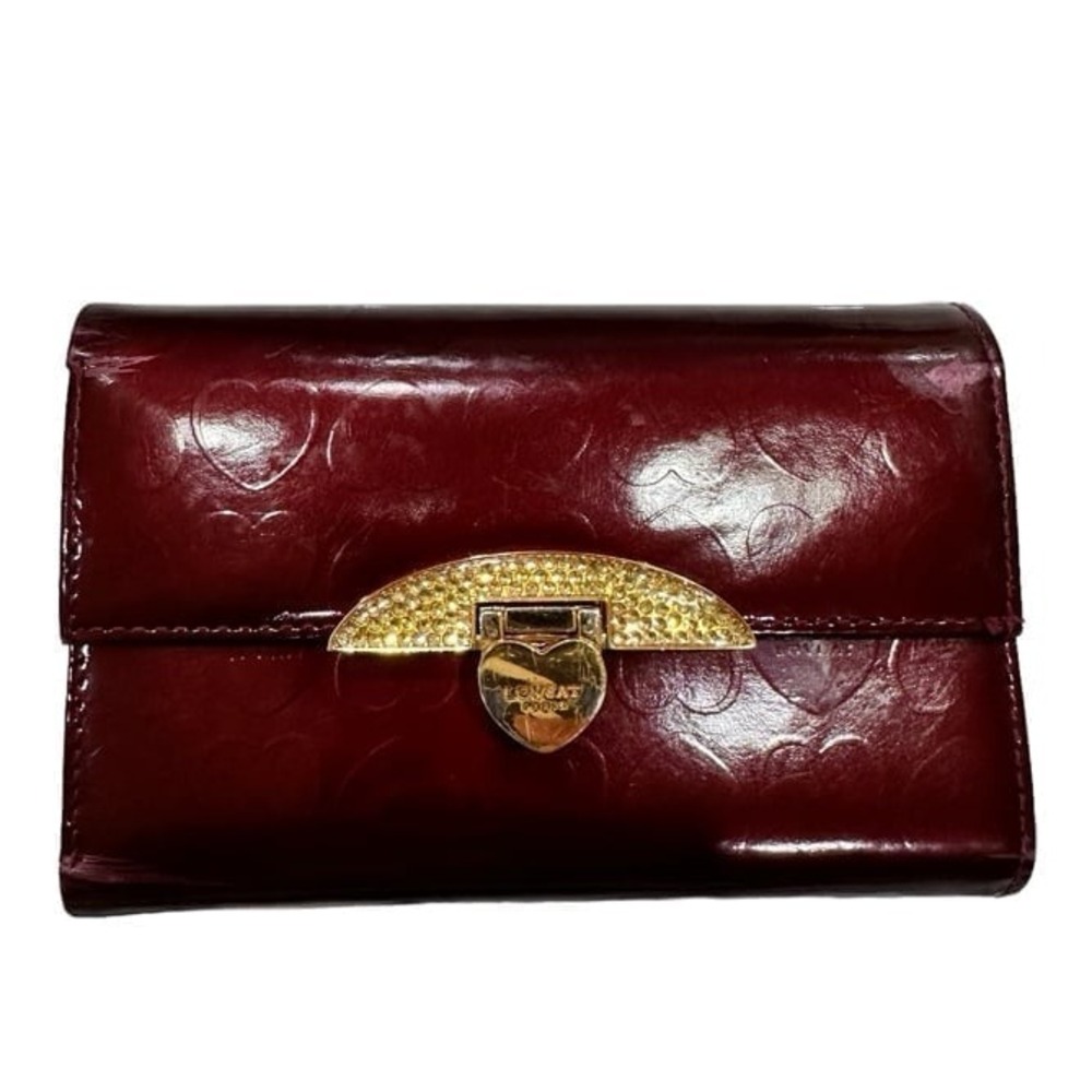 Lovcat Paris Burgundy Patent Leather Heart Embossed Wallet Crystal Gold Hardware